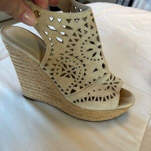 Women's Marc Fisher Harlea Natural Suede Weave Wedge Tan Cut Out Design Sandal